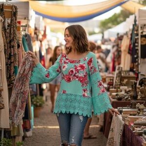 Curations Women's Floral and Embroidered Tunic Top Size Medium